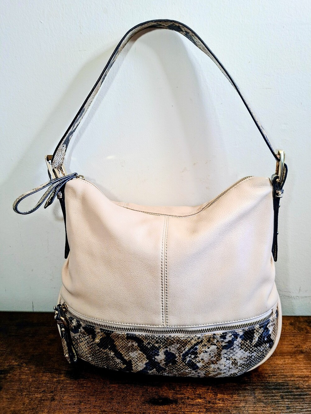 B.Makowsky Leather Hobo Bag With Snake Print Strap & Accents Slouchy Soft